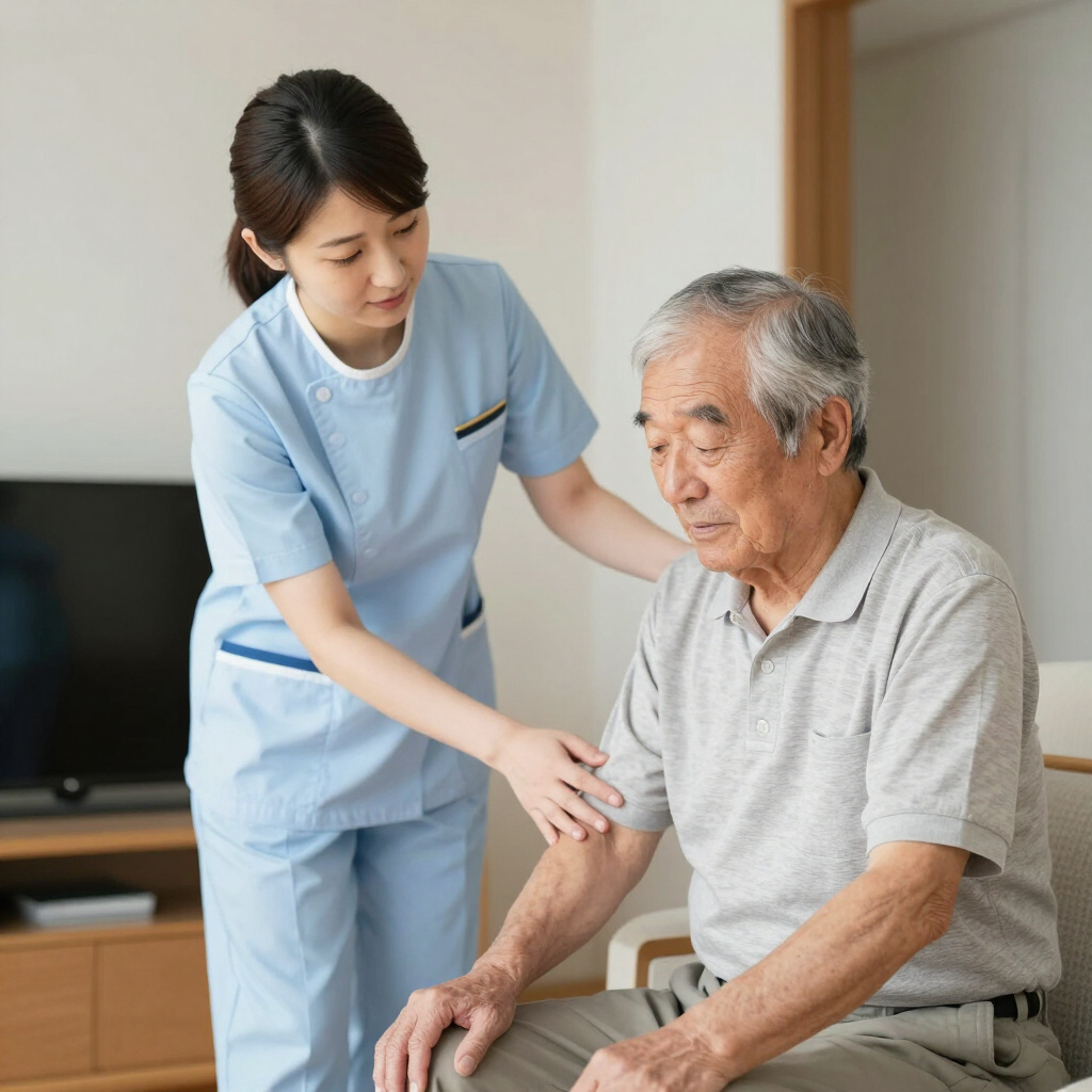 寄り添って会話する高齢者とケアスタッフ